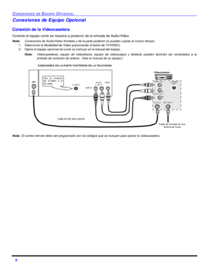 Page 406 CONEXIONES DE EQUIPO OPCIONALConexiones de Equipo Opcional
Conexión de la Videocasetera
Conecte el equipo como se muestra a posterior de la entrada de Audio/Video.
Nota:Conexiones de Audio/Video frontales y de la parte posterior no pueden usarse al mismo tiempo.
1.Seleccione la Modalidad de Vídeo presionando el botón de TV/VIDEO.
2.Opere el equipo opcional tal como se instruye en el manual del equipo.
Nota:Videocaseteras, equipo de videodiscos, equipo de videojuegos y teletexto pueden también ser...