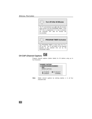 Page 1212
SPECIAL FEATURES
CH CAP (Channel Caption)  
Program channel captions (station labels) for 30 stations using up to
four characters.
Note:Delete channel captions by entering dashes (-) in all four
character slots. 
  Turn Off After 90 Minutes
The TV automatically turns OFF after 90 minutes
when turned on by the PROGRAM TIMER.  If the
OFF time is programmed or if a key is pressed,
the automatic OFF after 90 minutes will
be cancelled.
  PROGRAM TIMER Activation
The PROGRAM TIMER is active when the TV is...