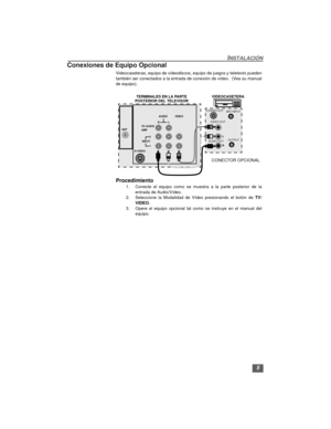Page 215
INSTALACIÓN
Conexiones de Equipo Opcional
Videocaseteras, equipo de videodiscos, equipo de juegos y teletexto pueden
también ser conectados a la entrada de conexión de vídeo.  (Vea su manual
de equipo).
  
Procedimiento
1. Conecte el equipo como se muestra a la parte posterior de la
entrada de Audio/Vídeo.
2. Seleccione la Modalidad de Vídeo presionando el botón de TV/
VIDEO.
3. Opere el equipo opcional tal como se instruye en el manual del
equipo.
VIDEOCASETERA
CONECTOR OPCIONAL
TERMINALES EN LA...