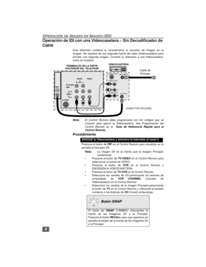 Page 248
OPERACIÓN DE IMAGEN EN IMAGEN (IDI)
Operación de IDI con una Videocasetera – Sin Decodificador de 
Cable
Esta televisión contiene la característica el recuadro de Imagen en la
Imagen. Se requiere de una segunda fuente de vídeo (Videocasetera) para
proveer una segunda imagen. Conecte su televisión a una Videocasetera,
como se muestra.  
Nota:El Control Remoto debe programarse con los códigos que se
incluyen para operar la Videocasetera. Vea Programación del
Control Remoto en la  Guía de Referencia...