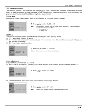 Page 19ICONMENUOPERATION
17
(Closed Captioning)
This television contains a built-in decoder that displays (Closed Captioned) text across the screen (white or colored
letters on black background). It allows the viewer to read the dialogue of a television program or other information. The
program viewed must include Closed Captioning for the feature to work.
On Mute
Activates the Closed Caption feature when the MUTE button on the remote control is pressed.
Mode
Activates the onscreen Closed Caption feature by...