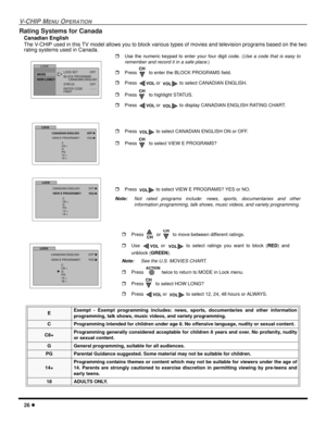Page 2826
V-CHIP MENUOPERATION
Rating Systems for Canada
Canadian English
The V-CHIP used in this TV model allows you to block various types of movies and television programs based on the two
rating systems used in Canada.
.
EExempt - Exempt programming includes: news, sports, documentaries and other information
programming, talk shows, music videos, and variety programming.
C Programming intended for children under age 8. No offensive language, nudity or sexual content.
C8+Programming generally considered...