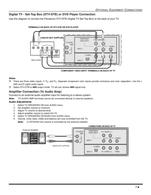 Page 9OPTIONALEQUIPMENTCONNECTIONS
7
Digital TV - Set-Top Box (DTV-STB) or DVD Player Connection
Use this diagram to connect the Panasonic DTV-STB (Digital TV-Set-Top Box) to the back of your TV.
Notes:
There are three video inputs, Y, PB,andPR. Separate component color inputs provide luminance and color separation. Use the L
(left) and R (right) audio inputs.
Select DTV-STB to480ioutput mode. TV set can receive480isignal only.
Amplifier Connection (To Audio Amp)
Connect to an external audio amplifier input...