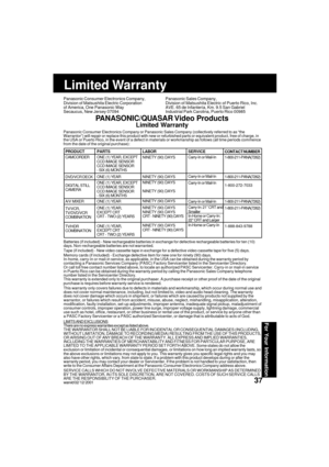 Page 37For Your Information
37
Panasonic Consumer Electronics Company,
Division of Matsushita Electric Corporation
of America, One Panasonic Way
Secaucus, New Jersey 07094Panasonic Sales Company,
Division of Matsushita Electric of Puerto Rico, Inc.
AVE. 65 de Infantería, Km. 9.5 San Gabriel
Industrial Park Carolina, Puerto Rico 00985
PANASONIC/QUASAR Video  Products
Limited Warranty
Panasonic Consumer Electronics Company or Panasonic Sales Company (collectively referred to as “the
Warrantor”) will repair or...