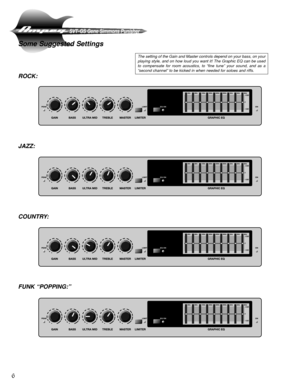 Page 6SVT-GS Gene Simmons Punisher
6Some Suggested Settings
JAZZ: ROCK:
COUNTRY:
FUNK “POPPING:”
The setting of the Gain and Master controls depend on your bass, on your
playing style, and on how loud you want it! The Graphic EQ can be used
to compensate for room acoustics, to “fine tune” your sound, and as a
“second channel” to be kicked in when needed for soloes and riffs. 