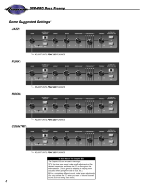 Page 66
Some Suggested Settings*
SVP-PRO Bass Preamp
PEAK / MUTE
LO
BRTHI
EQ
PEAK / MUTE
LO
BRTHI
EQ
PEAK / MUTE
LO
BRTHI
EQ
PEAK / MUTE
LO
BRTHI
EQ
ULTRA LO /
 BRIGHTULTRA HI /
 GRAPHIC EQ
GAIN DRIVE BASS MIDRANGE FREQUENCY TREBLE
ULTRA LO /
 BRIGHTULTRA HI /
 GRAPHIC EQ
GAIN DRIVE BASS MIDRANGE FREQUENCY TREBLE
ULTRA LO /
 BRIGHTULTRA HI /
 GRAPHIC EQ
GAIN DRIVE BASS MIDRANGE FREQUENCY TREBLE
ULTRA LO /
 BRIGHTULTRA HI /
 GRAPHIC EQ
GAIN DRIVE BASS MIDRANGE FREQUENCY TREBLE
IN
OUT
OUT
OUT
ADJUST UNTIL PEAK...