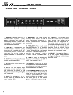 Page 44
The Front Panel Controls and Their Use
V4BH Bass Amplifier
Gain Bass Midrange Frequency Treble Master Standby Power
HiHi
LoLoUltra Hi / LoUltra Hi / Lo–15dB15dB0dB0dB
0105
4
3
2
1
98 7 60105
4
3
2
1
98 7 60105
4
3
2
1
98 7 60105
4
3
2
1
98 7 60105
4
3
2
1
98 7 6
5 4 3
12
0105
4
3
2
1
98 7 6
12345678910121113
 Standby/ Standby/ Power Power
1. 0dB INPUT:The signal output from an
instrument (active or passive – typically
passive) or a line level signal may be con-
nected here by means of a shielded...