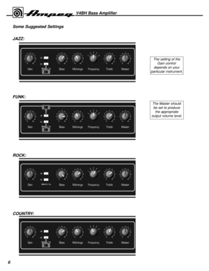 Page 6V4BH Bass Amplifier
Gain Bass Midrange Frequency Treble Master
Hi
Lo
Ultra Hi / Lo
0105
4
3
2
1
98 7 60105
4
3
2
1
98 7 60105
4
3
2
1
98 7 60105
4
3
2
1
98 7 60105
4
3
2
1
98 7 6
5 4 3
12
0105
4
3
2
1
98 7 6
Gain Bass Midrange Frequency Treble Master
Hi
Lo
Ultra Hi / Lo
0105
4
3
2
1
98 7 60105
4
3
2
1
98 7 60105
4
3
2
1
98 7 60105
4
3
2
1
98 7 60105
4
3
2
1
98 7 6
5 4 3
12
0105
4
3
2
1
98 7 6
Gain Bass Midrange Frequency Treble Master
Hi
Lo
Ultra Hi / Lo
0105
4
3
2
1
98 7 60105
4
3
2
1
98 7 60105
4
3
2...