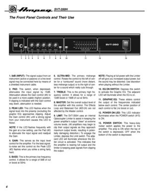 Page 44
The Front Panel Controls and Their Use
SVT-350H
GainGraphic Equalizer Bass Ultra Mid Treble MasterPowerLimitLimitEQ OnEQ OnOnOnPadPadPeakPeak40Hz40Hz80Hz80Hz150Hz150Hz300Hz300Hz600Hz600Hz900Hz900Hz2kHz2kHz5kHz5kHz9kHz9kHz
0
–12dB
12dB
+12dB+12dB
0dB0dB0105
4
3
2
1
98 7 60105
4
3
2
1
98 7 60105
4
3
2
1
98 7 60105
4
3
2
1
98 7 60105
4
3
2
1
98 7 6
23456789101112131
1. 0dB (INPUT):The signal output from an
instrument (active or passive) or a line level
signal may be connected here by means of
a shielded...