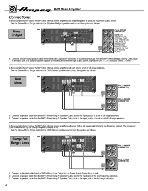 Page 88
Connections:
In the example shown below, the B4R’s two internal power amplifiers are bridged together to produce maximum output power. 
Set the Stereo/Mono Bridge switch to the IN (Mono Bridged) position and connect the system as follows:
1: Connect a heavy duty speaker cable terminated with a Speakon
®connector or dual banana plugs from the B4R’s Mono Bridge / Biamp Output jack
to the input jack of a speaker cabinet capable of handling the extremely high output power. (Speakon®: pin 1 +, 2 +; Banana:...