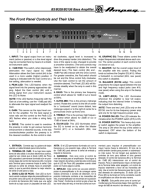 Page 33
The Front Panel Controls and Their Use
MASTER
-12dB 0 +12dB
5kHz 8kHz 900Hz 2kHz 300Hz 150Hz 600Hz 40Hz 80Hz
-15dB
PA DPEAKONLIMIT
GAINDRIVEBASSULTRA MIDTREBLEINPUT
PULL
EQ ONLO FLAT
HI
EQ
ONBALANCE
LOW HIGH
128765410911312141513
B3/B328/B3158 Bass Amplifier
1. INPUT:The signal output from an instru-
ment (active or passive) or a line level signal
may be connected here by means of a shield-
ed instrument cable.
2. -15dB PAD:This switch, when depressed,
attenuates the input signal by 15dB.
Attenuation...