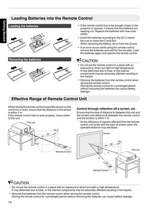 Page 14Loading Batteries into the Remote Control
Loading the batteries
.Removing the batteries
. 0
If the remote control has to be brought closer to the
projector to operate, it means that the batteries are
wearing out. Replace the batteries with new ones
(AAA).
0 Insert the batteries according to the  t s marks.
Be sure to insert the s end first.
When removing the battery, do so from the t end.
0 If an error occurs while using the remote control,
remove the batteries and wait for five minutes. Load
the...