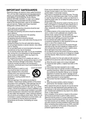 Page 3.
3Getting StartedPORTABLE CART WARNING
(symbol provided by RETAC)
S3126A
-
-
-
-
-
-
-
-
-
-
-
-
-
IMPORTANT SAFEGUARDS
Electrical energy can perform many useful functions. 
This unit has been engineered and manufactured to 
assure your personal safety. But IMPROPER USE 
CAN RESULT IN POTENTIAL ELECTRICAL 
SHOCK OR FIRE HAZARD. In order not to defeat  
the safeguards incorporated into this product, 
observe the following basic rules for its installation, 
use and service. Please read these Important...