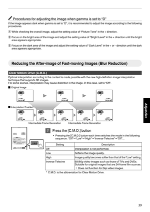 Page 39Procedures for adjusting the image when gamma is set to “D”
If 
the image appears dark when gamma is set to “D”, it is recommended to adjust the image according to the following
procedures.
A While checking the overall image, adjust the setting value of “Picture Tone” in the + direction.
B Focus on the bright area of the image and adjust the setting value of “Bright Level” in the + direction until the bright
area appears appropriate.
C Focus 

on the dark area of the image and adjust the setting value of...