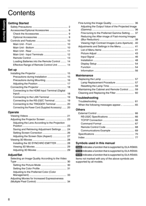 Page 8Contents
Getting Started Safety Precautions  ..................................................  2
Accessories/Optional Accessories ..........................  9 Check the Accessories ........................................  9
Optional Accessories ...........................................  9
Controls and Features ...........................................  10
Main Unit - Front ................................................  10
Main Unit - Bottom .............................................  10...