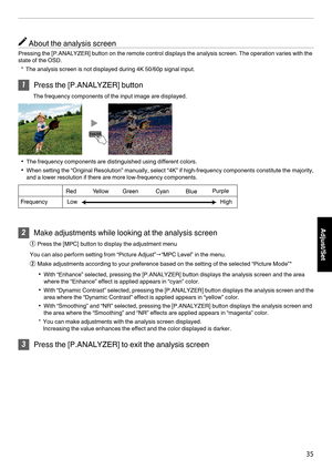 Page 35About the analysis screen
Pressing the [P.ANALYZER] button on the remote control displays the analysis screen. The operation varies with the
state of the OSD.
*
The analysis screen is not displayed during 4K 50/60p signal input. 1
Press the [P.ANALYZER] button
The frequency components of the input image are displayed.
. 0
The frequency components are distinguished using different colors.
0 When setting the “Original Resolution” manually, select “4K” if high-frequency components constitute the majority,...