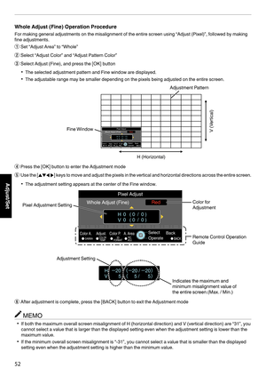 Page 52Whole Adjust (Fine) Operation Procedure
For making general adjustments on the misalignment of the entire screen using “Adjust (Pixel)”, followed by making
fine adjustments.
A Set “Adjust Area” to “Whole”
B Select “Adjust Color” and “Adjust Pattern Color”
C Select Adjust (Fine), and press the [OK] button
0 The selected adjustment pattern and Fine window are displayed.
0 The adjustable range may be smaller depending on the pixels being adjusted on the entire screen.
. D
Press the [OK] button to enter the...