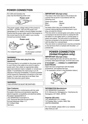 Page 5.
5Getting Started  Power cord
  Power cord
For European continent 
countries
For United Kingdom
Green-and-yellow
Blue
Brown
Fuse: Earth
: Neutral
: Live
POWER CONNECTION
WARNING:
WARNING:
Do not cut off the main plug from this 
equipment.
The power supply voltage rating of this product is 
AC100V – AC240V. Use only the power cord 
designated by our dealer to ensure Safety and EMC. 
Ensure that the power cable used for the projector is 
the correct type for the AC outlet in your country. 
Consult your...