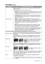 Page 21  21
  Menu Functions
PICTURE menu
SubmenuFunctions and Descriptions
Picture Mode
Selects a preset picture mode to suit your operating environment and input 
signal picture type.
The preset picture modes are described as below:
• Bright: Maximizes the brightness of the projected image. This mode is 
suitable for environments where extra-high brightness is required, such 
as using the projector in well lit rooms.
• Living Room: With well-saturated color, fine-tuned sharpness and a 
higher brightness...