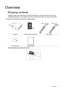 Page 7  7
  Overview
Overview
Shipping contents
Carefully unpack and verify that you have the items below. Some of the items may not be 
available depending on your region of purchase. Please check with your place of purchase.
Some of the accessories may vary from region to region.
*Pull the tab before using the remote control.
Projector Remote control with battery* Power cable
User manual CD Quick start guide
(US) (EU) 