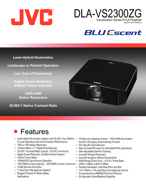 Page 1 Features
•	 Laser-Hybrid	Illumination	System	with	20,000+	hour	lifetime		
	 for	Low	Operating	Cost	and	Consistent	Performance
•	 1920	x	1080	Native	Resolution 	
•	 3	 Active	Matrix,	0.7”	Digital	D-ILA 	Devices
•	 30,000:1	Contrast	Ratio	(typical)	-	20,000:1(minimum)
•	 Digital	Smear	Reduction	via	Black-frame	Insertion
•	 ≤25ms	Frame	Delay
•	 1080p60/50	Synchronous	Operation
•	 1200	 ANSI	Lumens	(typical)	-	1000	 ANSI	Lumens	(minimum)
•	 12-Bit	Gamma	Correction
•	 7-	 Axis	Color	Management	System
•...