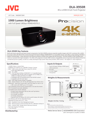 Page 1www.jvc.com
DLA-X950R
                          4K e-shift4 D-ILA Front Projector
Specifications
  
   
 
      
 
 
 
1900 Lumen Brightness
with Full Speed 18Gbps HDMI/HDCP2.2
Media Service Sector    JVCKENWOOD USA Corporation
 Distributed by: Inputs & Outputs
: :   Dual Full Speed 18Gbps HDMI Inputs
: :   LAN Connection
: :   RS-232C
: :   12-Volt Trigger  
 : :   
3D  S ynchr o
 
Weights & Measurements
18 1/2 | 472
18 1/2 | 472
3/16
 | 5177/8 | 
1 1/4
45 1 1/4
45
3 1/2
80
 
7/16 | 11
5 | 128
7 | 179...