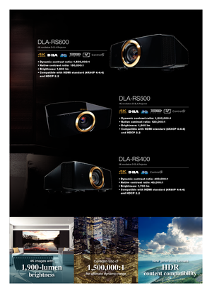 Page 3New generation formats
HDR 
content compatibility
Contrast ratio of
1,500,000:1 
for ultimate dynamic range
4K images with
1,900 -lumen 
brightness
DL A-RS600
4K-resolution D-ILA Projector
• Dynamic contrast ratio: 1,500,000:1
•  Native contrast ratio: 150,000:1 
• Brightness: 1,900 lm
•   Compatible with HDMI standard (4K60P 4:4:4) 
and HDCP 2.2
DL A-RS500
4K-resolution D-ILA Projector
• Dynamic contrast ratio: 1,200,000:1
•  Native contrast ratio: 120,000:1 
•  Brightness: 1,800 lm
•   Compatible with...