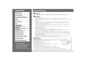 Page 162
CONTENIDOANTES DEL USO
ANTES DEL USO  2
PUNTOS BÁSICOS  3
PROCEDIMIENTOS INICIALES  4
RADIO  5
CD / USB / iPod  6 
Cómo leer este manual
•  Las operaciones se explican utilizando  principalmente los botones de la placa 
frontal del KD-R540 / KD-R440.
•  [XX] 
indica los elementos seleccionados.• (➜ XX) significa que hay información 
disponible en el número de página indicado.
 Advertencia
  No utilice ninguna función que pueda desviar su atención mientras \
está conduciendo el vehículo.
 Precaución...