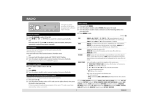 Page 55
RADIO
Search for a station
1 Press L  SOURCE to select FM or AM.2 Press E / F   (or  2 / 3 on RM-RK52) to search for a station automatically. (or) Press and hold E /  F (or 2 / 3 on RM-RK52) until “M” flashes, then press 
repeatedly to search for a station manually.
Store a station
You can store up to 18 stations for FM and 6 stations for AM.
While listening to a station....
Press and hold one of the number buttons (1 to 6) to store.
 (or)1 Press and hold the volume knob until “PRESET MODE” flashes.2...