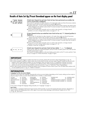 Page 11Filename [HR-J770EU1.fm]
Masterpage:Right
EN 11
Results of Auto Set Up/Preset Download appear on the front display panel
If both Auto Channel Set and Auto Clock Set have been performed successfully, the 
correct current time is displayed.
Turn on the TV and select its video channel or AV mode, then make sure that all necessary stations 
have been stored in the recorder’s memory by using the 
PR button(s).
●If station names (ID – 
pg. 45) have also been stored in the recorder’s memory, the station name...