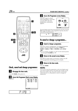 Page 28Filename [HR-J770EU2.fm]
Masterpage:Left
28 ENTIMER RECORDING (cont.)
Check, cancel and change programmes
ADisengage the timer mode.
Press # (
TIMER), then press 1.
BAccess the Programme Check screen/display.
CAccess the Programme screen/display.
The front display panel shows the programme start time. Pressing 
OK changes the display to the programme stop time, then the 
date and the channel position.
To cancel or change a programme...
DCancel or change a programme.
Press & to cancel a programme. To...