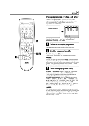 Page 29Filename [HR-J770EU2.fm]
Masterpage:Right
EN 29
When programmes overlap each other
If “PROGRAM OVERLAPPED” appears, you have another 
programme overlapping the programme you have just made.
The Programme Check screen appears and conflicting 
programmes will start blinking.
Example: Programme 1 (you have just made) and 
Programme 4 overlap each other.
AConfirm the overlapping programmes.
Overlapping programmes blink on the TV screen.
BSelect the programme to modify.
Press rt, then press 
OK or e.●You can...
