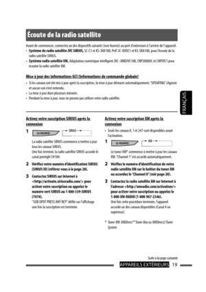 Page 107APPAREILS EXTÉRIEURS19
FRANÇAIS
Écoute de la radio satellite
Activez votre suscription SIRIUS après la 
connexion
1 
La radio satellite SIRIUS commence à mettre à jour 
tous les canaux SIRIUS. 
Une fois terminé, la radio satellite SIRIUS accorde le 
canal préréglé CH184.
2  Vérifiez votre numéro d’identification SIRIUS 
(SIRIUS ID) (référez-vous à la page 28).
3  Contactez SIRIUS sur Internet à 
 pour 
activer votre suscription ou appelez le 
numéro vert SIRIUS au 1-888-539-SIRIUS 
(7474).
“SUB UPDT...