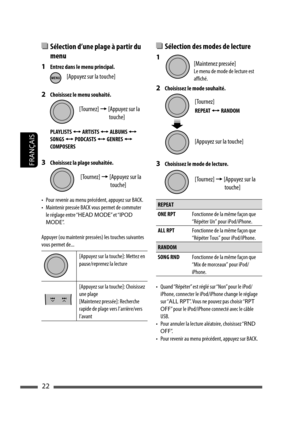 Page 11022
FRANÇAIS
  Sélection des modes de lecture
1 
2  Choisissez le mode souhaité.
3  Choisissez le mode de lecture.
REPEAT
ONE RPTFonctionne de la même façon que 
“Répéter Un” pour iPod/iPhone.
ALL RPT Fonctionne de la même façon que 
“Répéter Tous” pour iPod/iPhone.
RANDOM
SONG RNDFonctionne de la même façon que 
“Mix de morceaux” pour iPod/
iPhone.
•  Quand “Répéter” est réglé sur “Non” pour le iPod/
iPhone, connecter le iPod/iPhone change le réglage 
sur “ALL RPT”. Vous ne pouvez pas choisir “RPT 
OFF”...