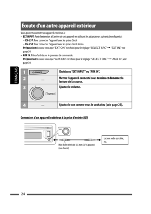 Page 11224
FRANÇAIS
Écoute d’un autre appareil extérieur
Vous pouvez connecter un appareil extérieur à:
• EXT INPUT: Port d’extension à l’arrière de cet appareil en utilisant les adaptateurs suivants (non fournis):
– KS-U57: Pour connecter l’appareil avec les prises Cinch
– KS-U58: Pour connecter l’appareil avec les prises Cinch stéréo
 Préparation: Assurez-vous que “EXT ON” est choisi pour le réglage “SELECT SRC” = “EXT IN”, voir 
page 30.
• AUX IN: Prise d’entrée sur le panneau de commande.
 Préparation:...