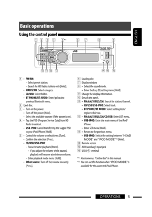 Page 5ENGLISH
5OPERATIONS
Basic operations
Using the control panel 
*167 8
y t r
pq ew 34 5 92 1
6 Loading slot
7 Display window
8  •  Select the sound mode.
  •  Enter the Easy EQ setting menu [Hold].
9  Change the display information.
p  Detach the panel.
q • FM/AM/SIRIUS/XM: Search for station/channel.
 • CD/USB/USB-IPOD: Select track.
 • BT PHONE/BT AUDIO: Select setting item/
registered device.
w • FM/AM/SIRIUS/XM/CD/USB: Enter LIST menu.
 • USB-IPOD: Enter the main menu of the iPod/
iPhone.
  •  Enter...