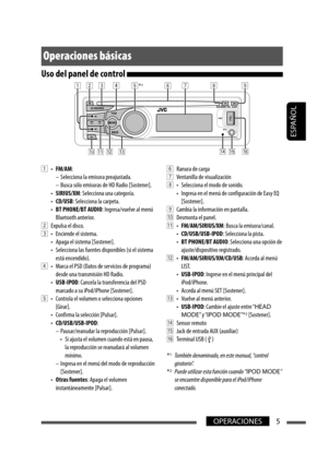 Page 49ESPAÑOL
5OPERACIONES
Operaciones básicas
Uso del panel de control 
*167 8y
t
r
pq e w
34 5 92
1
6   Ranura de carga
7   Ventanilla de visualización
8   •  Selecciona el modo de sonido.
  •  Ingresa en el menú de configuración de Easy EQ  [Sostener].
9   Cambia la información en pantalla.
p   Desmonta el panel.
q  •  FM/AM/SIRIUS/XM : Busca la emisora/canal.
 •  CD/USB/USB-IPOD : Selecciona la pista.
 •  BT PHONE/BT AUDIO : Selecciona una opción de 
ajuste/dispositivo registrado.
w  •...