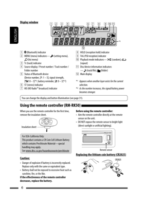 Page 6ENGLISH
6
Display window
1  (Bluetooth) indicator
2  MENU (menu) indicators— 
 (setting menu), 
 (list menu)
3  Tr (track) indicator
4  Source display / Preset number / Track number / 
Folder number
5  Status of Bluetooth device
(Device number, [P: 1 – 5]; signal strength, 
[
: 0 – 3]*2; battery reminder, [: 0 – 3]*2)
6  ST (stereo) indicator
7  HD (HD Radio™ broadcast) indicator 8  HOLD (reception hold) indicator
9 
TAG (PSD reception) indicator
p  Playback mode indicators—  (random),  
(repeat)
q...