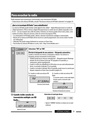 Page 53ESPAÑOL
9OPERACIONES
Frecuencia seleccionada
Se enciende cuando se emite audio digital.
Destella cuando se transmite audio 
analógico.
Distintivo de llamada de la emisora
¿Qué es la tecnología HD Radio™ para radiodifusión?
Las emisoras HD Radio pueden brindar sonido digital de alta calidad—digital AM proporcionará un sonido de 
calidad equivalente a FM (en estéreo) y digital FM proporcionará un sonido claro de calidad comparable a la de 
los CD—con una recepción clara y libre de estática. Asimismo, las...