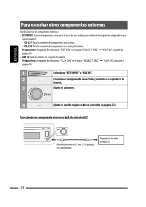 Page 68ESPAÑOL
24
Para escuchar otros componentes externos
Puede conectar un componente externo a:
• EXT INPUT: Puerto de expansión, en la parte trasera de esta unidad, por medio de los siguientes adaptadores (no 
suministrados):
– KS-U57: Para la conexión de componentes con clavijas
– KS-U58: Para la conexión de componentes con mini jack estéreo
 Preparativos: Asegúrese de seleccionar “EXT ON” en el ajuste “SELECT SRC” = “EXT IN”, consulte la 
página 30.
• AUX IN: Jack de entrada en el panel de control....