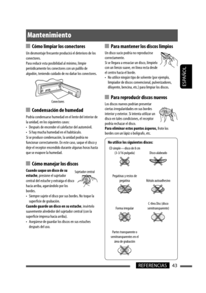 Page 87ESPAÑOL
43REFERENCIAS
No utilice los siguientes discos:
CD simple—disco de 8 cm 
(3-3/16 pulgada) Disco alabeado
Pegatinas y restos de 
pegatina Rótulo autoadhesivo
Forma irregularC-thru Disc (disco 
semitransparente)
Partes transparente o 
semitransparentes en el 
área de grabación
  Cómo limpiar los conectores
Un desmontaje frecuente producirá el deterioro de los 
conectores.
Para reducir esta posibilidad al mínimo, limpie 
periódicamente los conectores con un palillo de 
algodón, teniendo cuidado de...