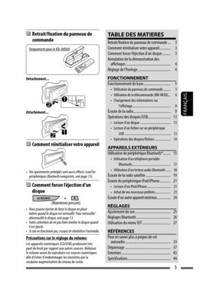 Page 91FRANÇAIS
3
 Retrait/fixation du panneau de 
commande
Détachement...
Attachement...
Précautions sur le réglage du volume:
Les appareils numériques (CD/USB) produisent très 
peut de bruit par rapport aux autres sources. Réduisez 
le volume avant de reproduire ces sources numériques 
afin d’éviter d’endommager les enceintes par la 
soudaine augmentation du niveau de sortie.
  Comment réinitialiser votre appareil
• Vos ajustements préréglés sont aussi effacés (sauf les 
périphériques Bluetooth enregistrés,...