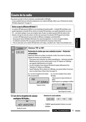 Page 979FONCTIONNEMENT
FRANÇAIS1Choisissez “FM” ou “AM”.
2Recherchez la station que vous souhaitez écouter—Recherche 
automatique.
Quand une station est accordée, la recherche s’arrête. Pour arrêter la recherche, 
appuyez de nouveau sur la même touche.
•  Vous pouvez aussi rechercher une station manuellement—Recherche manuelle. 
Maintenez pressée une des touches jusqu’à ce que “M” clignote sur l’affichage, 
puis appuyez répétitivement sur la touche.
•  Lors de la réception d’une émission FM stéréo de signal...