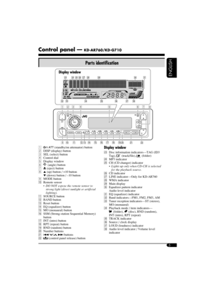 Page 55
ENGLISH
Control panel — KD-AR760/KD-G710
1  (standby/on attenuator) button
2  DISP (display) button
3  SEL (select) button
4 Control dial
5 Display window
6 
 (angle) button
7 0 (eject) button
8 5 (up) button / +10 button 
 ∞ (down) button / –10 button
9 MODE button
p Remote sensor
    DO NOT expose the remote sensor to 
strong light (direct sunlight or artificial 
lighting).
q SOURCE button
w BAND button
e Reset button
r  EQ (equalizer) button
t  MO (monaural) button
y  SSM (Strong-station Sequential...