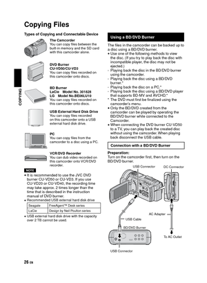 Page 26EN
Copying Files
COPYING
Types of Copying and Connectable Device
The Camcorder
You can copy files between the 
built-in memory and the SD card 
with this camcorder alone.
DVD Burner
CU-VD50/CU-VD3
You can copy files recorded on 
this camcorder onto discs.
BD Burner
LaCie 
Model No.  301828
LG

 Model No.BE06LU10
You can copy files recorded on 
this camcorder onto discs.
USB External Hard Disk Drive
You can copy files recorded 
on this camcorder onto a USB 
external hard disk drive. 
PC
You can...