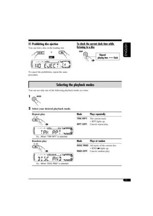 Page 1111
ENGLISH
Selecting the playback modes
You can use only one of the following playback modes at a time.
1 
2  Select your desired playback mode.
Repeat play
Ex.:  When “TRK RPT” is selected 
Mode Plays repeatedly
TRK RPT:  The current track.
    RPT lights up.
RPT OFF:  Cancels repeat play.
Random play
Ex.:  When “DISC RND” is selected
Mode  Plays at random
DISC RND:  All tracks of the current disc.
  RND 
 lights up.
RND OFF:  Cancels random play.
  Prohibiting disc ejection
You can lock a disc in the...
