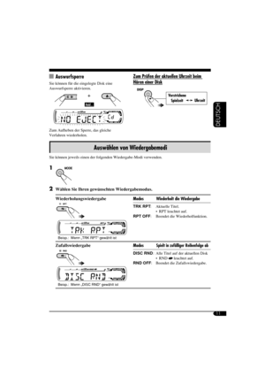 Page 2911
DEUTSCH
Auswählen von Wiedergabemodi
Sie können jeweils einen der folgenden Wiedergabe-Modi verwenden.
1 
2  Wählen Sie Ihren gewünschten Wiedergabemodus.
Wiederholungswiedergabe
Beisp.: Wenn „TRK RPT“ gewählt ist
Modus  Wiederholt die Wiedergabe
TRK RPT: Aktuelle Titel.
   RPT leuchtet auf.
RPT OFF:  Beendet die Wiederholfunktion.
Zufallswiedergabe
Beisp.: Wenn „DISC RND“ gewählt ist
Modus Spielt in zufälliger Reihenfolge ab
DISC RND:  Alle Titel auf der aktuellen Disk
  RND 
 leuchtet auf.
RND...