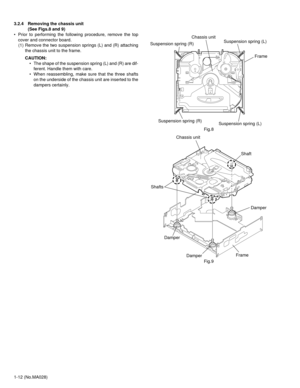 Page 121-12 (No.MA028) 3.2.4 Removing the chassis unit 
(See Figs.8 and 9)
• Prior to performing the following procedure, remove the top
cover and connector board.
(1) Remove the two suspension springs (L) and (R) attaching
the chassis unit to the frame.
CAUTION:
• The shape of the suspension spring (L) and (R) are dif-
ferent. Handle them with care.
• When reassembling, make sure that the three shafts
on the underside of the chassis unit are inserted to the
dampers certainly.
Fig.8
Fig.9
Suspension spring (L)...