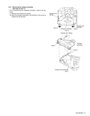 Page 13(No.MA028)1-13 3.2.5 Removing the clamper assembly 
(See Figs.10 and 11)
• Prior to performing the following procedure, remove the top
cover.
(1) Remove the clamper arm spring.
(2) Move the clamper assembly in the direction of the arrow to
release the two joints d.
Fig.10
Fig.11
Clamper arm
 spring
Chassis rivet 
assembly
Joint d Joint d
Clamper assembly
Clamper arm spring
Clamper 
assembly
Joint d
Joint d
Chassis rivet assembly 