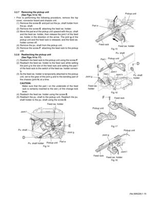 Page 15(No.MA028)1-15 3.2.7 Removing the pickup unit 
(See Figs.14 to 18)
• Prior to performing the following procedure, remove the top
cover, connector board and chassis unit.
(1) Remove the screw D  and pull out the pu. shaft holder from
the pu. shaft.
(2) Remove the screw E  attaching the feed sw. holder.
(3) Move the part e of the pickup unit upward with the pu. shaft
and the feed sw. holder, then release the joint f of the feed
sw. holder in the direction of the arrow. The joint g of the
pickup unit and...